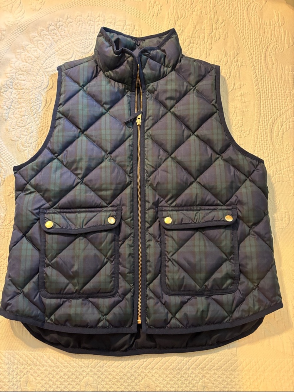 J. Crew Navy and Green Quilted Plaid Puffer Vest